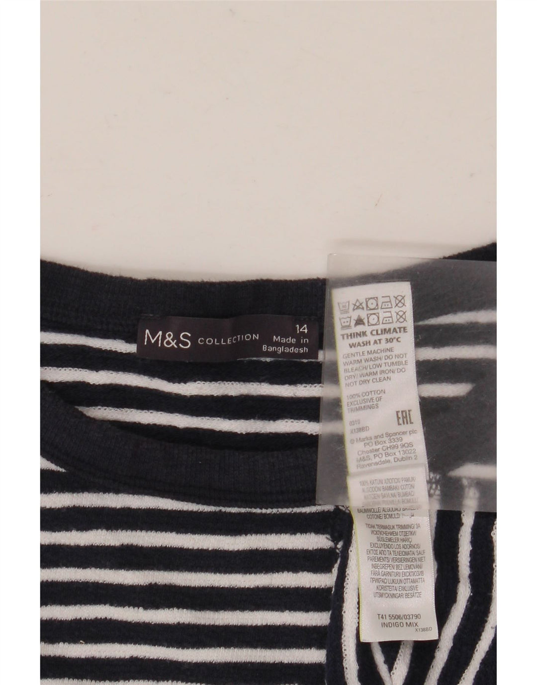 MARKS & SPENCER Top pentru femei cu mânecă lungă UK 14 mare, bleumarin, cu dungi