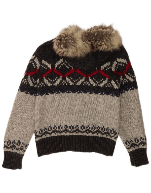 Pulover cardigan cu glugă Benetton pentru femei UK 10 Small Gri Fair Isle Acrylic