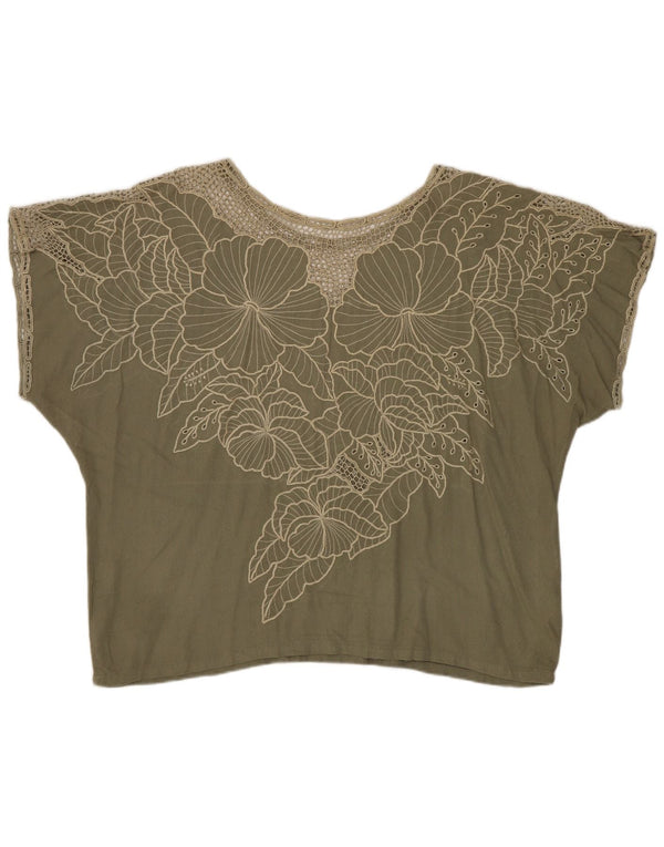 Bluză vintage pentru femei UK 16 Large Kaki Floral Rayon