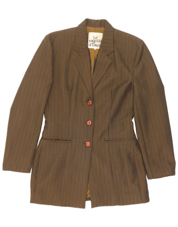 Vintage Womens 3 Button Blazer Jacket IT 44 Medium Khaki Striped Polyester