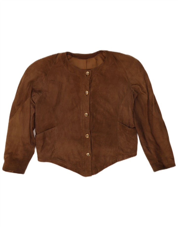 Jachetă vintage pentru femei crop din piele intoarsa UK 14, maro mediu, piele