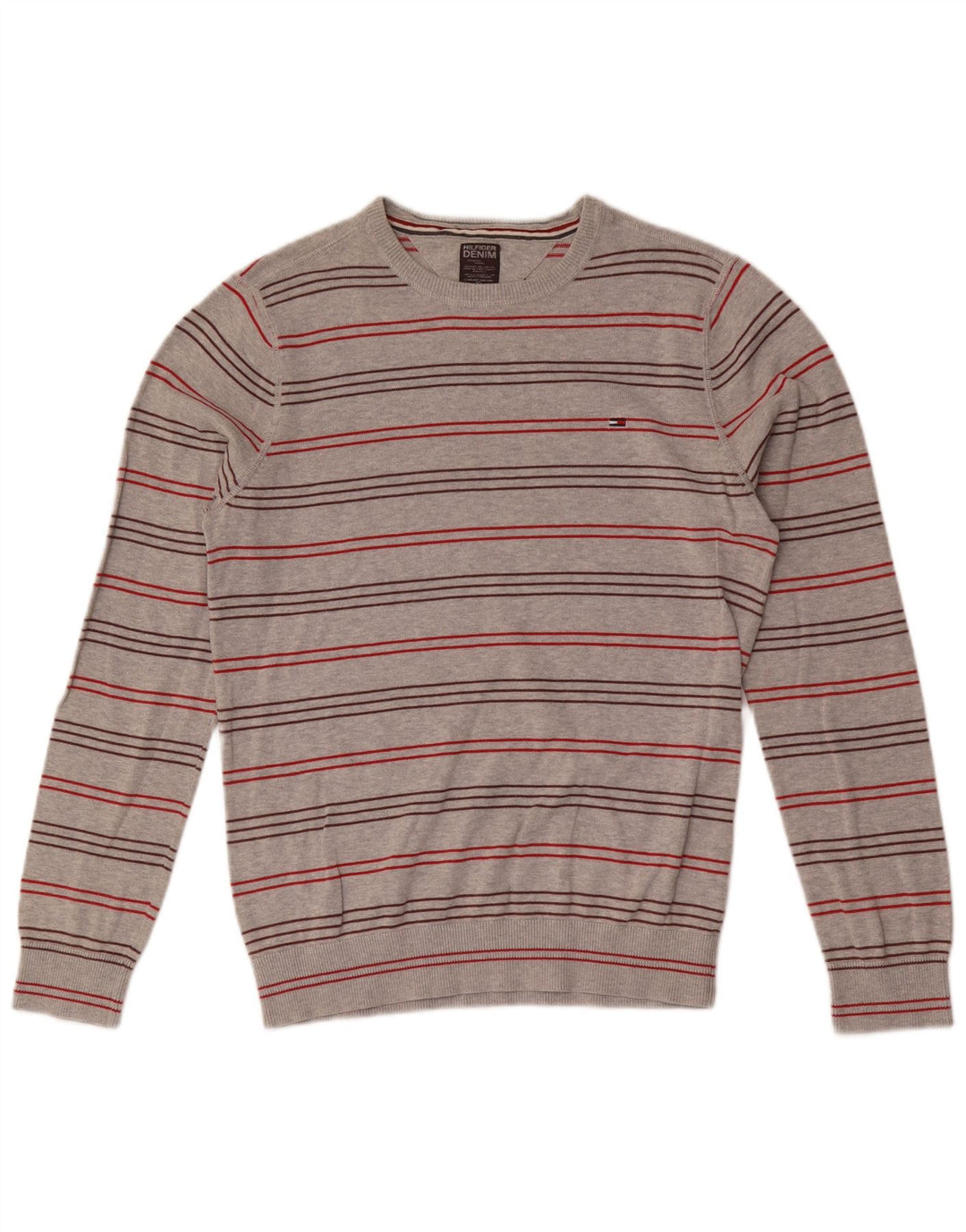 Pulover pentru bărbați TOMMY HILFIGER Pulover cu gât roșu din bumbac cu dungi gri mediu