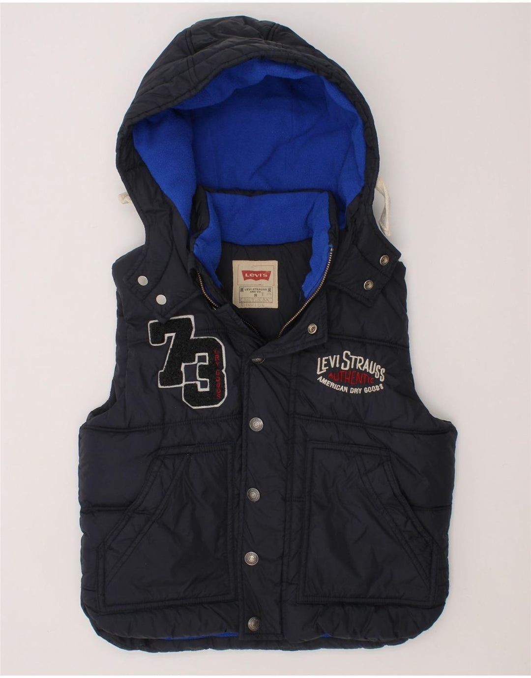 LEVI'S Boys Graphic Hooded Padded Gilet 7-8 Years Navy Blue Polyester Vintage Levi's and Second-Hand Levi's from Messina Hembry 