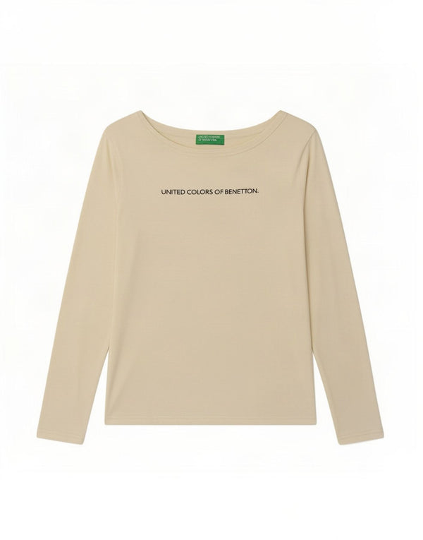 Benetton Womens Graphic Top Long Sleeve UK 8 Small Beige
