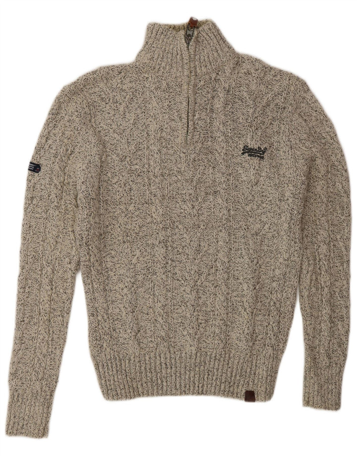 Pulover Superdry pentru bărbați, cu fermoar, cu gât, gri mediu, cu pete acrilice