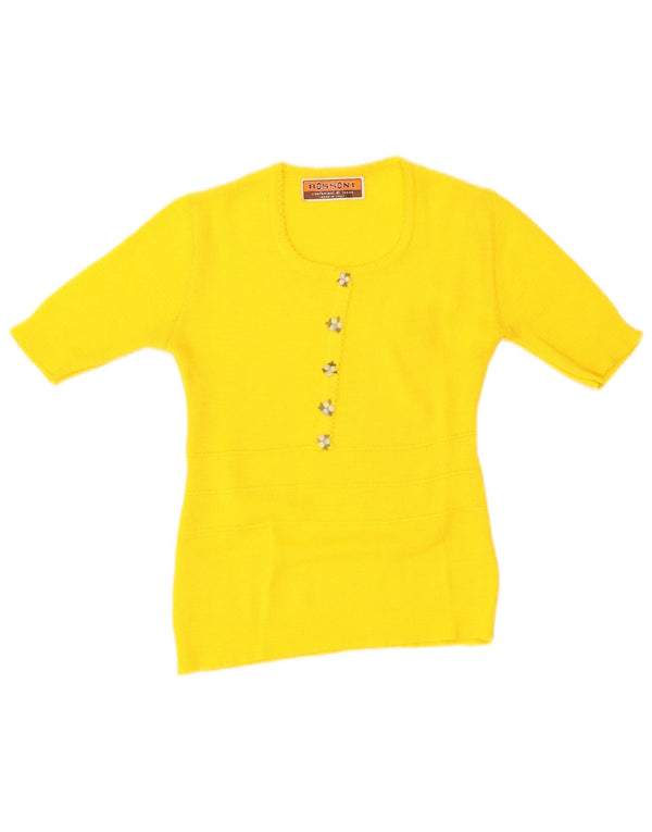 Vintage Womens Boat Neck Jumper Sweater UK 12 Medium Yellow Floral
