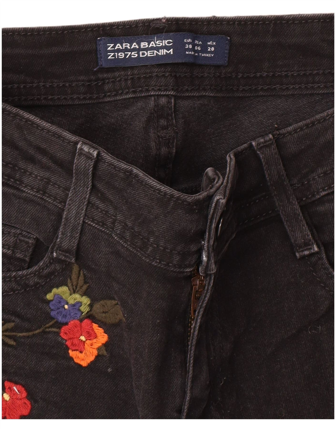 Pantaloni scurți din denim grafic pentru femei Zara EU 38 Small W28 Negru Floral Boem