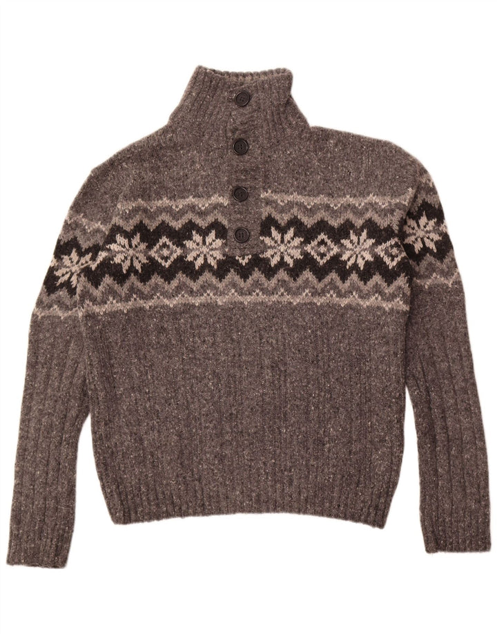 Marks & Spencer Pulover pentru bărbați cu gât cu nasturi, lână Fair Isle, gri mare