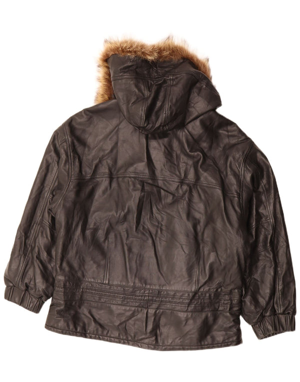 Jachetă de piele supradimensionată cu glugă vintage pentru femei IT 48 XL din piele neagră