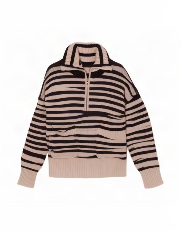 Pulover pentru femei Zara, cu fermoar, cu gât, UK 16, mare, bumbac cu dungi alb