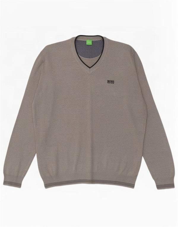 Pulover cu decolteu în V Hugo Boss pentru bărbați, 2XL, gri acrilic cu dungi