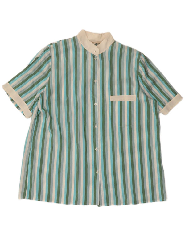 Bluză cămașă vintage pentru femei cu mânecă scurtă IT 50 XL mătase verde cu dungi