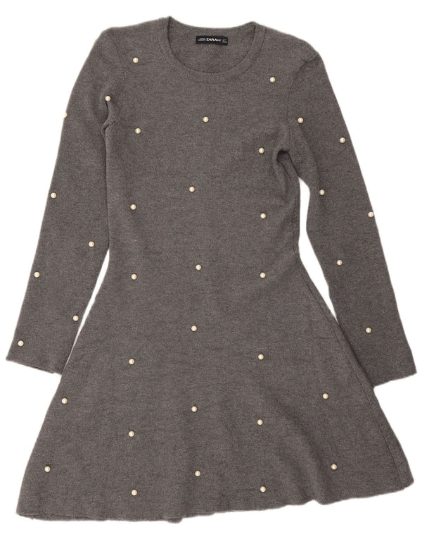 Rochie pulover cu mânecă lungă pentru femei Zara UK 12 Medium Gri Spot Viscose