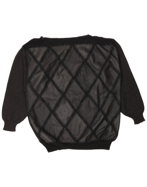 Pulover vintage pentru femei cu gât de barcă din piele mare neagră UK 16