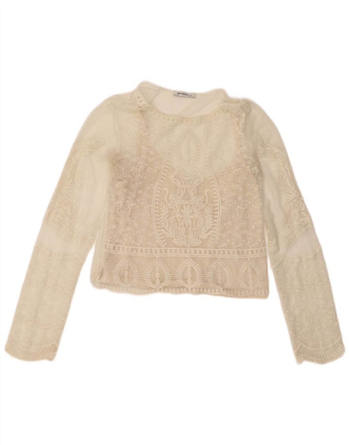 ZARA Womens See Through Crop Blouse Top UK 12 Medium Off White Paisley