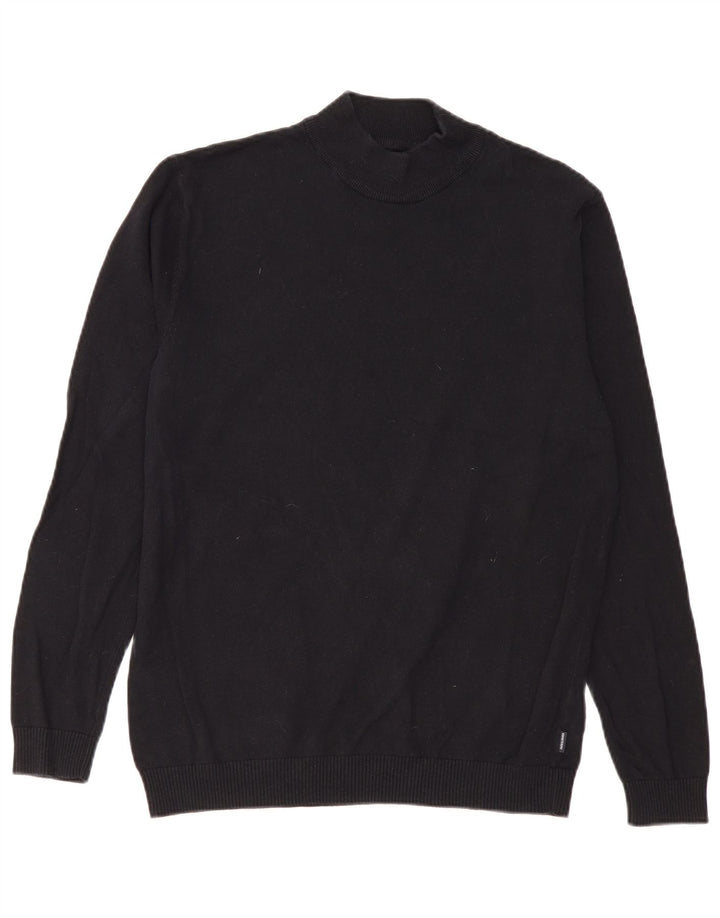 Jack & Jones Pulover cu gât țestoasă pentru bărbați, bumbac mare, negru