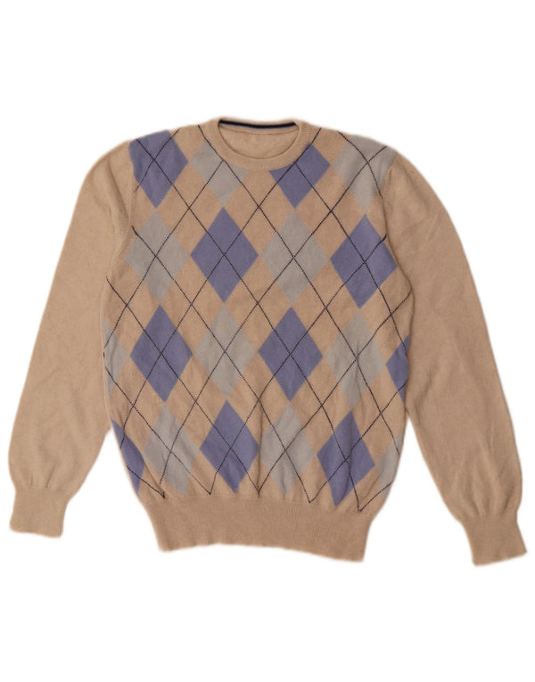 Pulover vintage pentru femei cu decolteu rotund UK 8 Small Beige Argyle/Diamond