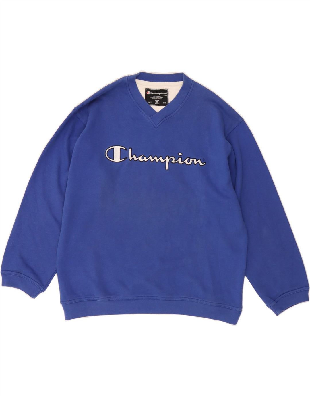 CHAMPION Mens Graphic Sweatshirt Jumper Medium Blue Cotton Vintage Champion and Second-Hand Champion from Messina Hembry 