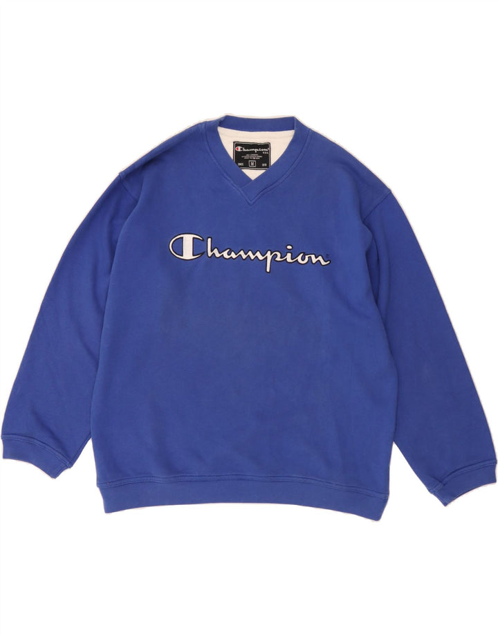 CHAMPION Mens Graphic Sweatshirt Jumper Medium Blue Cotton Vintage Champion and Second-Hand Champion from Messina Hembry 