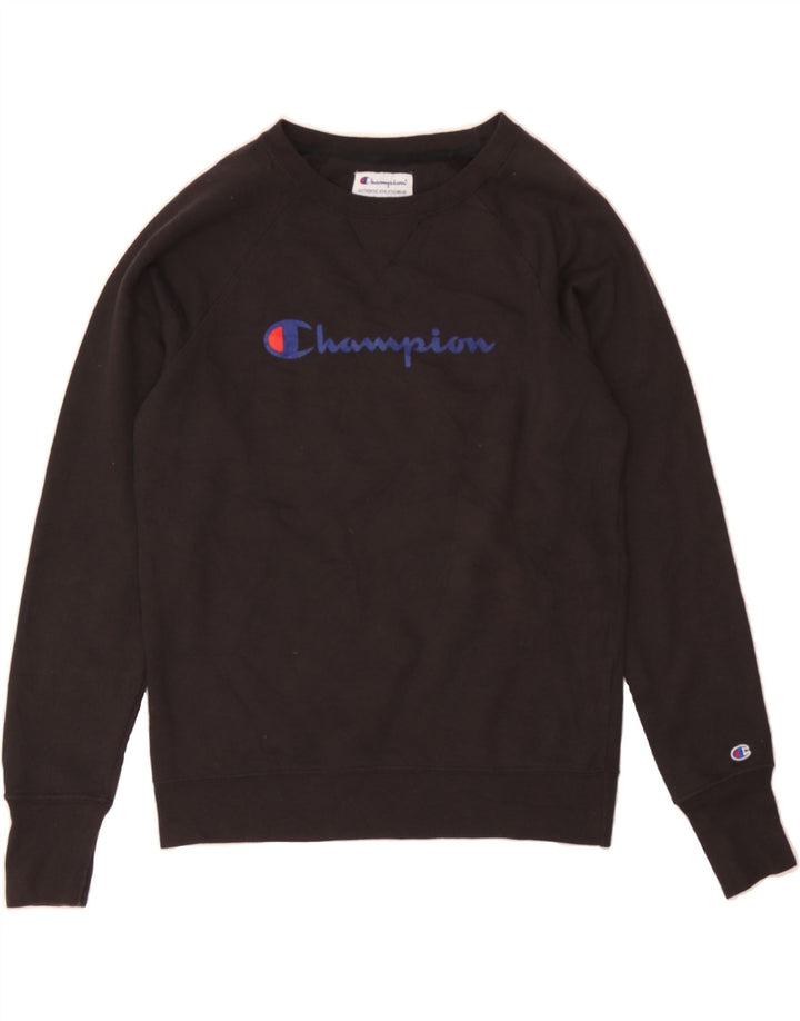 CHAMPION Mens Graphic Sweatshirt Jumper Small Black Polyester Vintage Champion and Second-Hand Champion from Messina Hembry 