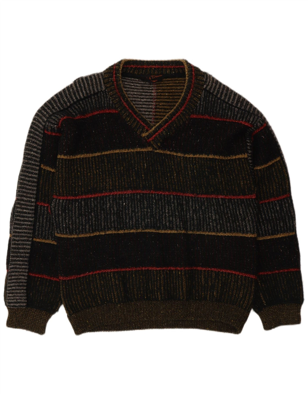 Pulover vintage pentru bărbați cu decolteu în V, lână mare cu dungi multicolore