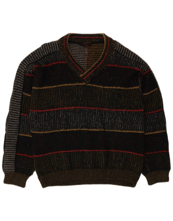 Pulover vintage pentru bărbați cu decolteu în V, lână mare cu dungi multicolore