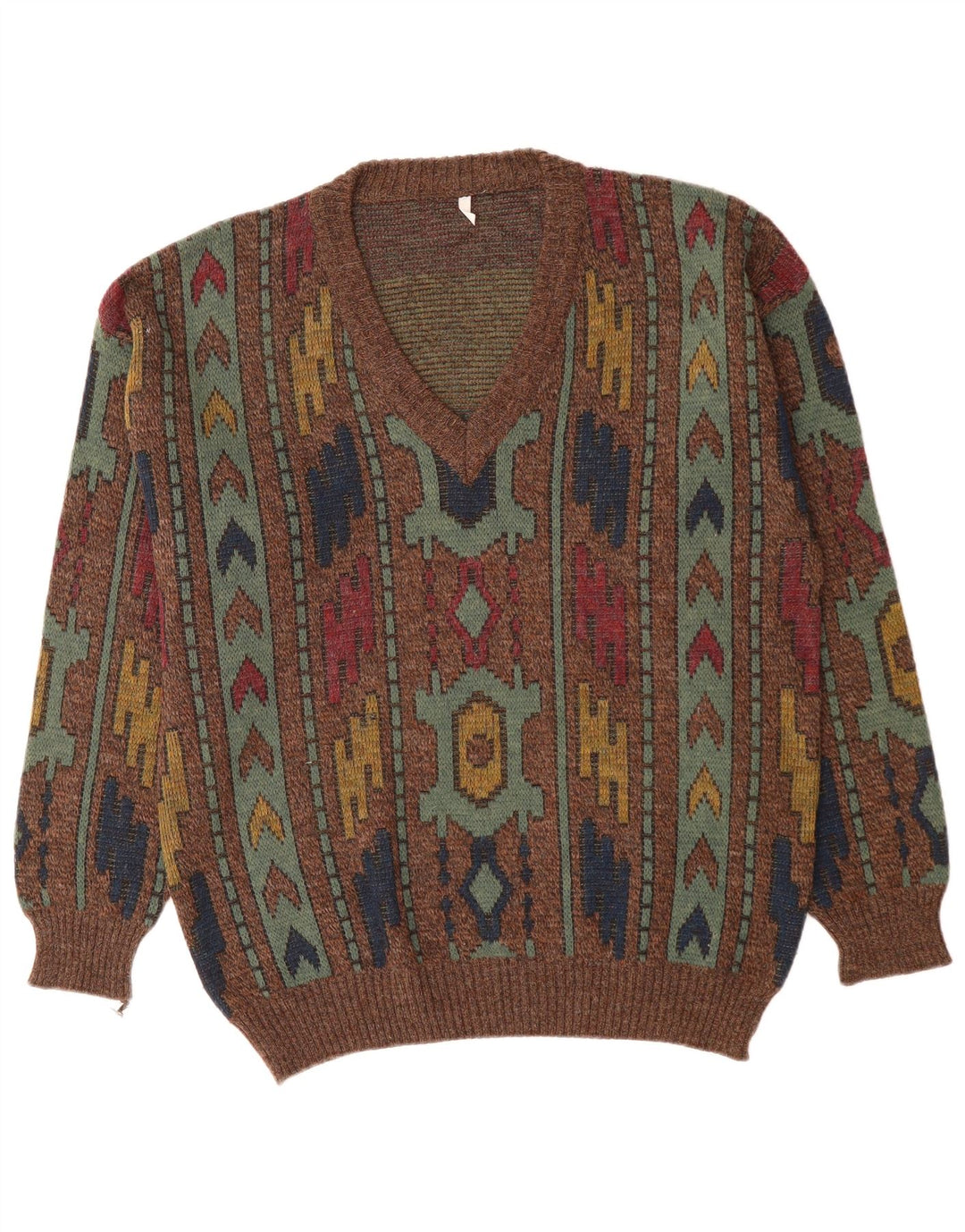 VINTAGE Pulover cu decolteu în V pentru bărbați IT 50 Maro Mediu Geometric