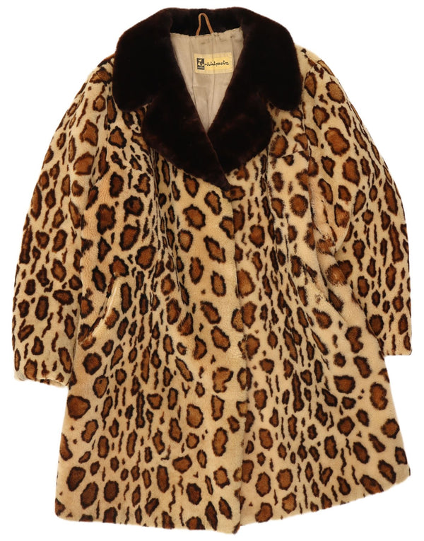 Pardesiu de blană vintage pentru femei UK 18 XL, bej, cu imprimeu animal, blană adevărată