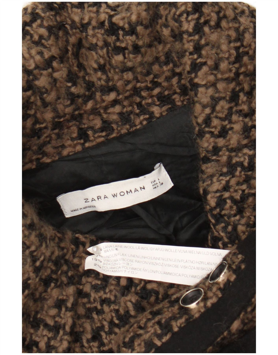 Jachetă pentru femei Zara cu 4 nasturi, UK 16, lână mare, maro, cu picioare de găină