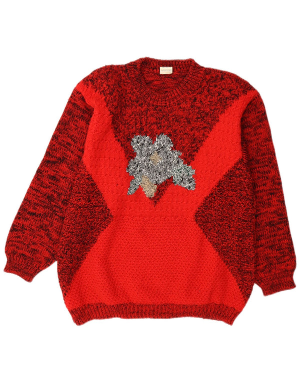 Pulover vintage pentru femei cu decolteu rotund cu grafică UK 14 Medium Red Flecked