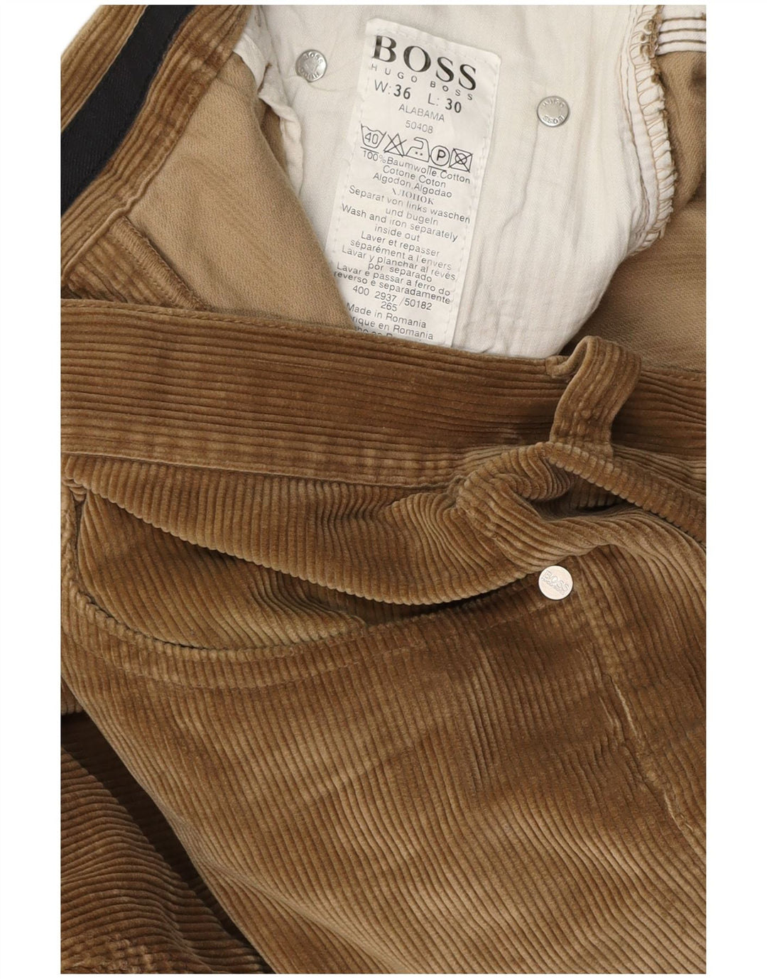 Pantaloni drepti din velur din Alabama pentru bărbați HUGO BOSS W36 L30 bumbac maro