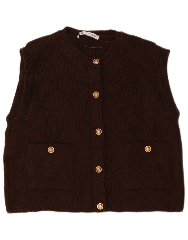 Zara Womens Crop Sleeveless Cardigan Sweater UK 14 Medium Brown Wool