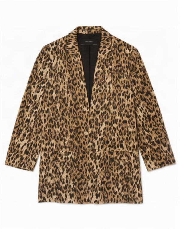 Zara Womens 3/4 Sleeve Open Blazer Jacket UK 14 Medium Brown Animal Print