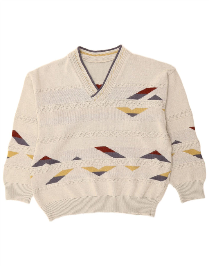 Pulover vintage pentru bărbați cu decolteu în V XL alb geometric