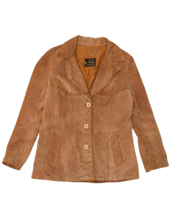 Blazer Vintage pentru femei cu 3 nasturi din piele intoarsa, UK 12, maro mediu