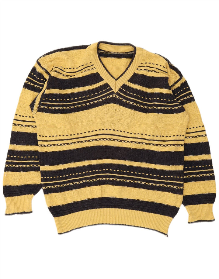 Pulover vintage pentru bărbați cu decolteu în V, mare, cu dungi galbene