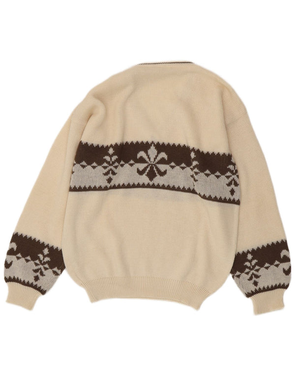 Vintage Mens V-Neck Jumper Sweater Large White Fair Isle Wool