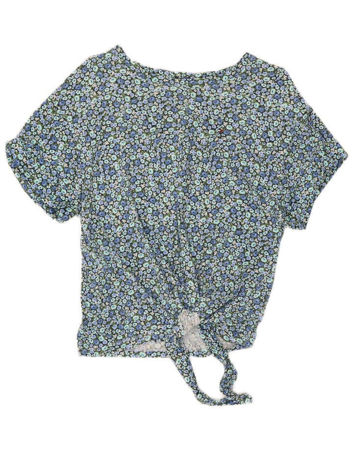 TOMMY HILFIGER Bluză Crop Top pentru femei UK 10 Small Blue Floral Bumbac