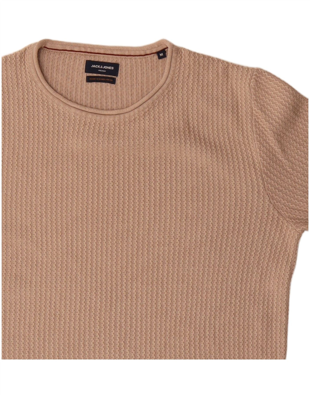 Pulover Jack & Jones pentru bărbați cu gât roșu, bumbac mediu bej