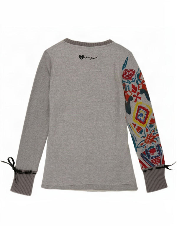 Top grafic pentru femei Desigual cu mânecă lungă UK 12, bumbac geometric, gri mediu