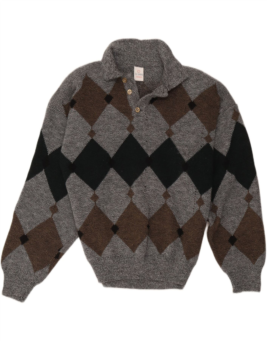 Pulover vintage pentru bărbați cu gât polo mare, gri Argyle/Diamond