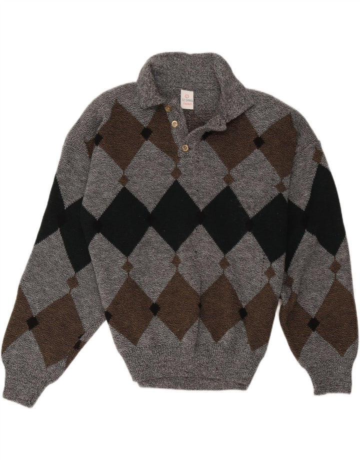 Pulover vintage pentru bărbați cu gât polo mare, gri Argyle/Diamond
