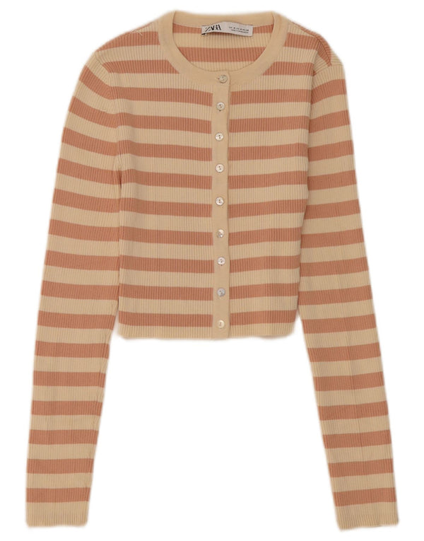 Top cardigan pentru femei Zara UK 12 Medium Bej cu dungi Nylon