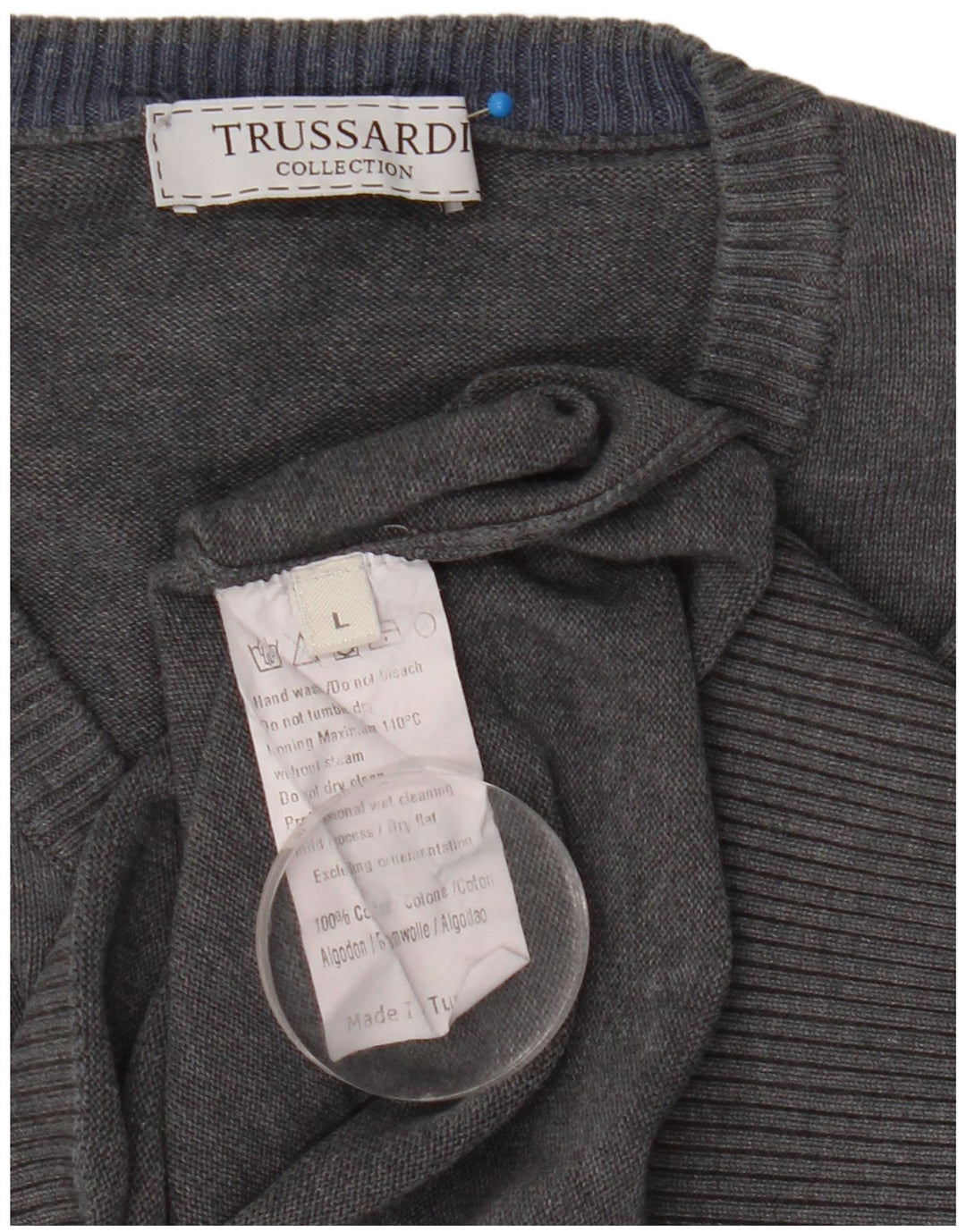 Trussardi Pulover cu decolteu în V pentru bărbați, bumbac mare, gri