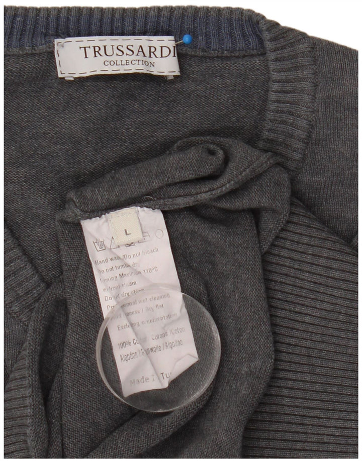 Trussardi Pulover cu decolteu în V pentru bărbați, bumbac mare, gri