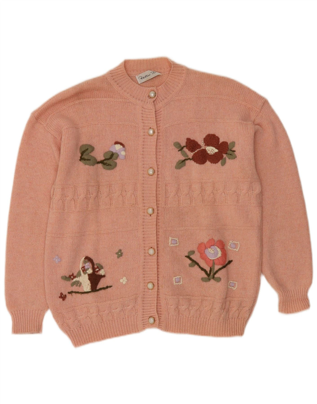 Pulover cardigan pentru femei VINTAGE UK 16 mare, roz, lână florală