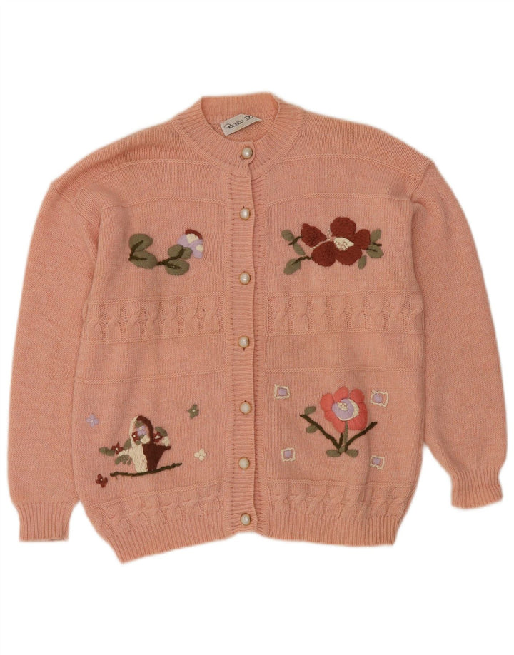 Pulover cardigan pentru femei VINTAGE UK 16 mare, roz, lână florală