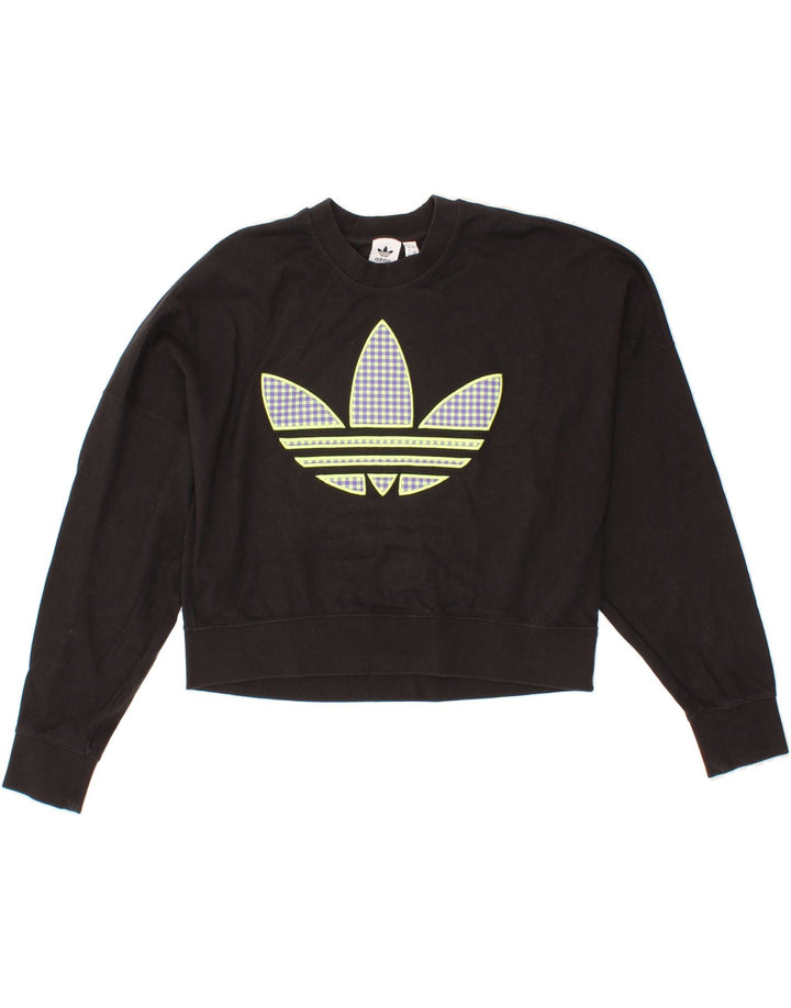 ADIDAS Womens Oversized Graphic Crop Sweatshirt Jumper UK 12 Medium Black Vintage Adidas and Second-Hand Adidas from Messina Hembry 