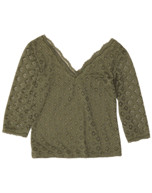 Bluză Benetton pentru femei cu mâneci 3/4 din dantelă, UK 12 Medium Kaki Geometric