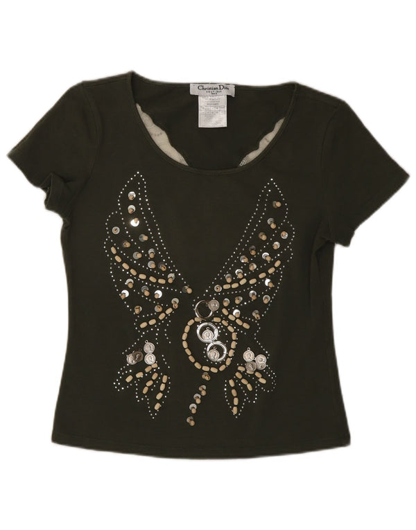 Tricou grafic Christian Dior pentru femei Top UK 14 Medium Khaki Butterfly